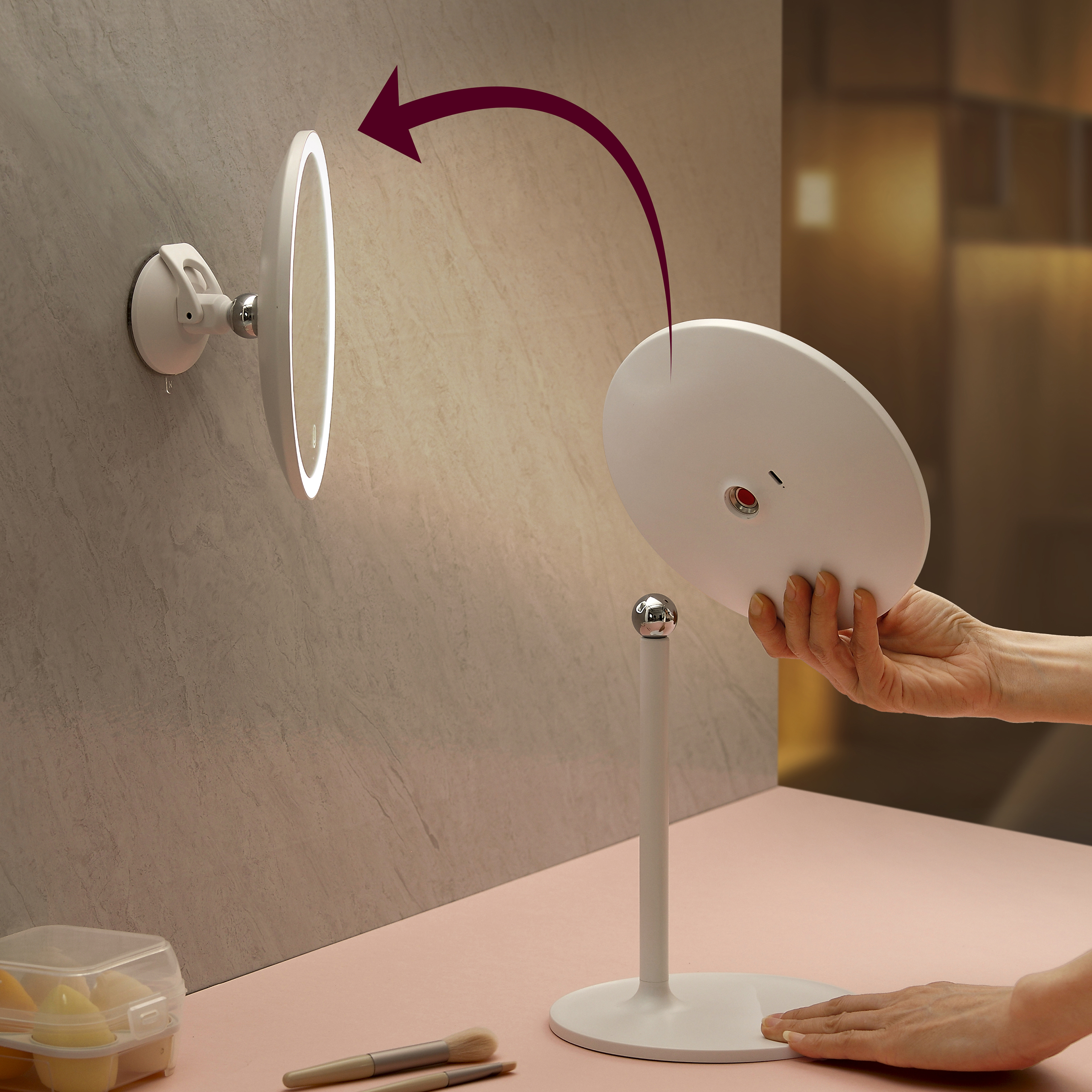 KW038A+B LED Desktop Mirror combine LED Suction Sucker mirror 2 in 1